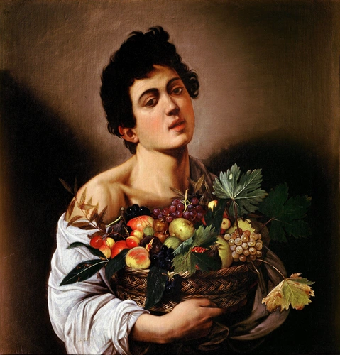 дама, фрукты, корзина, средневековье, картина, коричневые, бежевые, красные