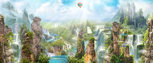 горы, водопад, воздушный шар, лес, голубые, зеленые, HD